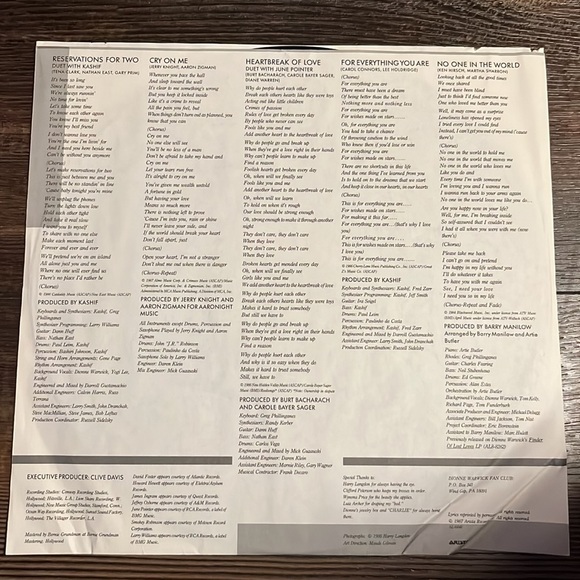 Dionne Warwick Promotional 1987 Reservations For Two Vinyl LP - Picture 9 of 11